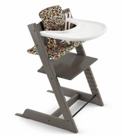 Tripp Trapp High Chair And Cushion With Stokke Tray Bundle - Hazy Grey / Honeycomb Happy / White
