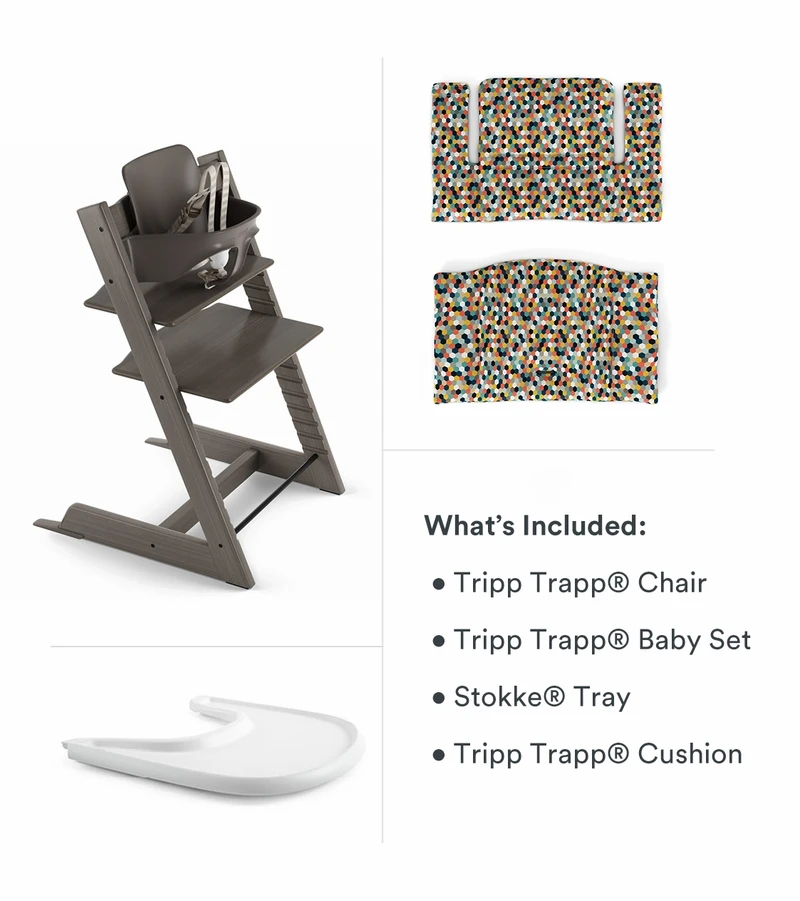 Tripp Trapp High Chair And Cushion With Stokke Tray Bundle - Hazy Grey / Honeycomb Happy / White - Image 2