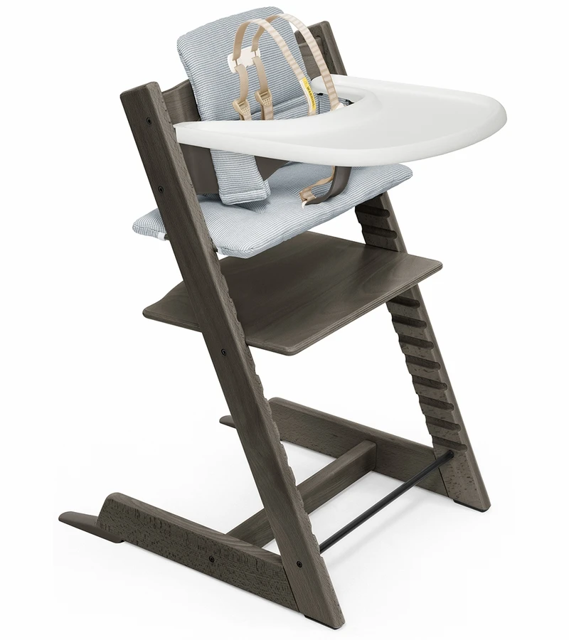Tripp Trapp High Chair And Cushion With Stokke Tray - Hazy Grey / Nordic Blue